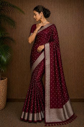 Image of Women's Glory Kanjivaram Banarasi Silk Saree with Polka Dot Embroidery Blend Woven Zari with Jacquard Woven Unstitched Blouse Piece.