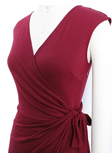 Berydress Women's Classic Cocktail Party Cap Sleeve Deep V Neck Draped Waist Tie Belt Knee-Length Faux Wrap Dress (L, 6028-Burgundy) #TOP3