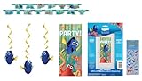 Findig Dory Birthday Party Supplies Bundle includes 1 Plastic Door Poster, 1 Happy Birthdday Banner, 3 Hanging Decorations, 1 Dinosaur Sticker Sheet