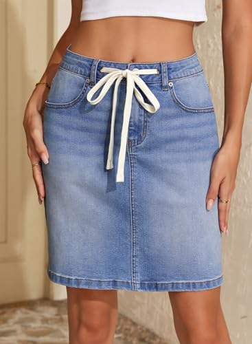 Image of Sidefeel Women's Jean Skirt High Waist Drawstring Stretchy Casual Summer Loose Fit Trendy Mini Denim Skirt with Pockets