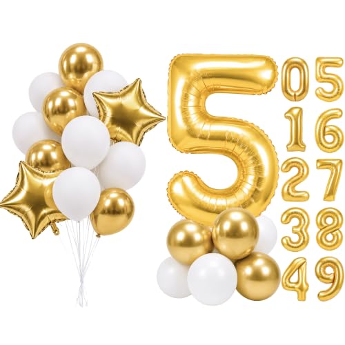 Image of PartyWoo Metallic Gold Number 5 Balloon 40 Inch 25pcs Gold Foil Star White