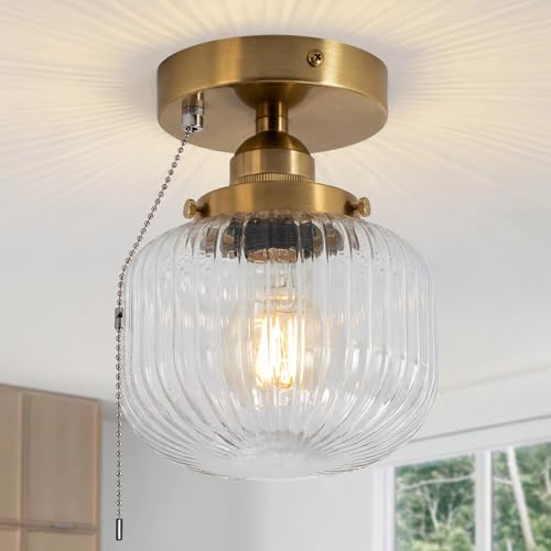 KEESFU Semi Flush Mount Ceiling Light in Gold Bronze Vintage Glass Ceiling Light with Pull Chain Switch Modern Gold Hallway Light Fixture for Bedroom Kitchen Hallway Entryway