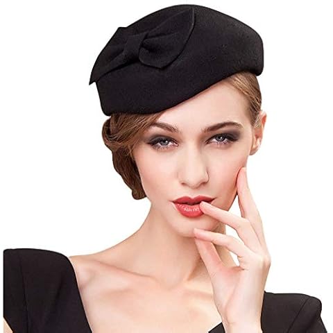F FADVES Fascinator 100% Wool Pillbox Hats Cocktail Party Wedding Church Fedora - Black - L Cover
