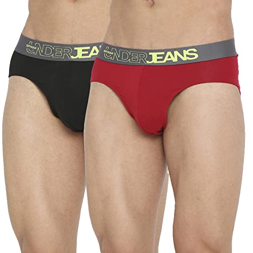 Underjeans Men Premium Cotton Blend Assorted Brief Pack of 2 Regular Fit Solid (UJNPBC055BlackMaroon_Black_Maroon_XL)