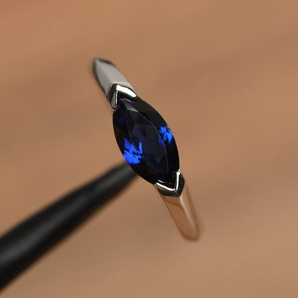 LUO Simple 925 Sterling Silver Marquise Cut 5x10 MM Gemstone East West Engagement Ring for Women - Image 2