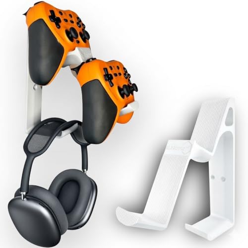 Image of Retro Dual Gaming Controller & Headphone Stand Wall Mount with Cable Holder | Stick-On Adhesive No-Drill | ABS Organizer for Gaming Room & Desk | Includes Cleaning Wipes (White, Pack Of 2)