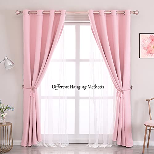 Image of SOFJAGET Pink Blackout Curtains 96 Inch Long - Double Layers Mix & Match Elegance White Crushed Voile Curtains with Tie-Backs, Pink Drapes for Nursery, Girls Bedroom, LivingRoom, 2 PCs