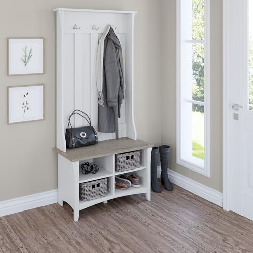 Image of Bush Home Salinas Hall Tree with Shoe Storage Bench in Shiplap Gray and Pure White, Multi-Purpose Home Organizer, Entryway Solution with Seating and Hooks