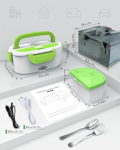 homeasy Fiambrera Eléctrica 12V 220V, Calentador de Comida para Coche y Trabajo, 1.5L Termo para Comida con Tenedor y Cuchara Acero Inoxidable, Pefecto para el Hogar Oficina y Viaje(Verde)