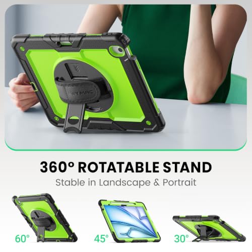 Image of SEYMAC Case for iPad Air 13 Inch M4 /M3 /M2 (2026 /2025 /2024), Green | Heavy Duty Shockproof Protective, Built-in Screen Protector, 360 Rotating Stand, Hand /Shoulder Strap, Pencil Holder