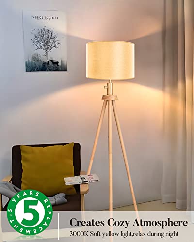 Dimmable Tripod Floor Lamp, Mid Century Standing Lamp With 0%-100% Brightness Led Bulb Beige Linen Drum Shade, E26 Socket, Bedside Lamp, Wooden Floor Lamp For Living Room, Bedroom, Office #TOP4