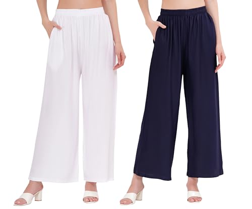 Image of Buy That Trendz Palazzo Pants for Women Cotton Rayon Elasticated Regular Fit Flared Wide Leg M to 6XL Pack of 2