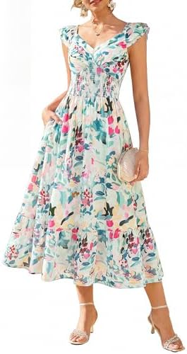 GRACE KARIN A-Linien Blumen Kleider Damen mit Tasche Sommerkleid Leicht | Chiffon Kleid·Blumen Maxikleid·Kleid Hochzeitsgast Damen Elegant Festliche| Rüschenärmel·V-Ausschnitt·Gefü