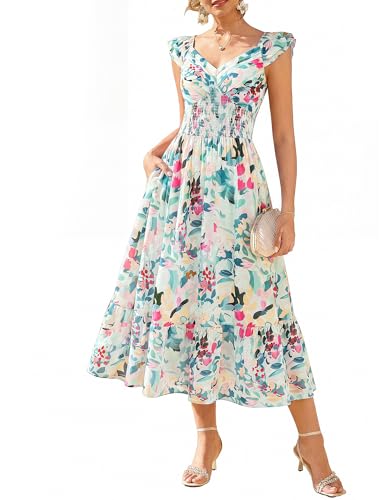 Image of GRACE KARIN Women's Summer Floral Maxi Dress 2026 Ruffle Sleeve Smocked Sundress Flowy Wedding Guest Long Dresses with Pocket