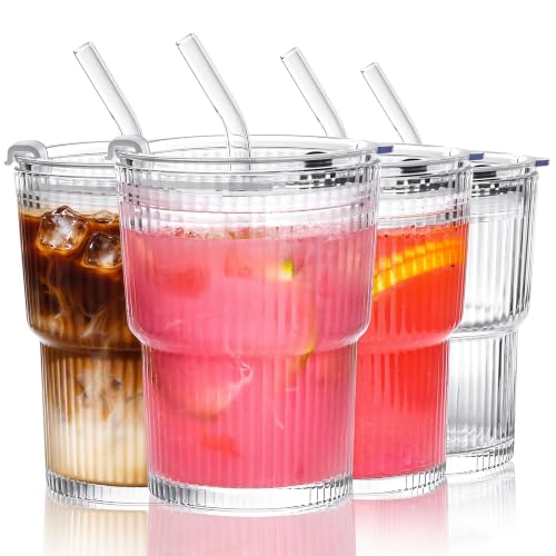 Icesip 13oz Glass Cups with Lids and Straws Ribbed Drinking Glasses