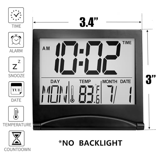 Betus Digital Travel Alarm Clock - Foldable Calendar & Temperature & Timer LCD Clock with Snooze Mode - Large Number Display, Battery Operated - Compact Desk Clock for All Ages (Black) - Image 3
