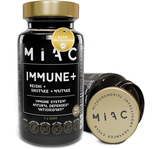 MIAC Inmune +. Suplemento para Fortalecer Sistema Inmunitario y Defensas. 60 Cápsulas. Con Vitamina E, Cobre, Ácido Fólico, Extracto de Reishi, Astragalus, Shiitake. Vegano y Sin Gluten