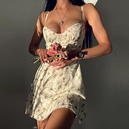 Image of Women Floral Mini Dress Bohemian Spaghetti Strap Sleeveless Bodycon A-Line Dress Short Cami Swing Dress Clubwear Y2K