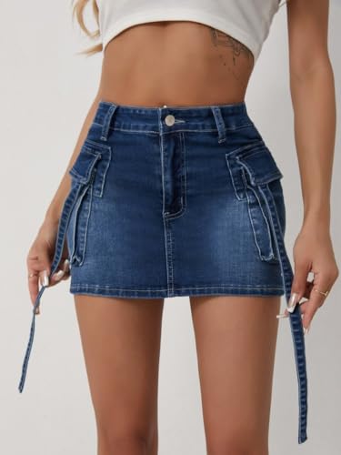 Women's Cargo Denim Mini Skirt Summer Stylish High Waisted Jean Skirt Y2K Style with Large Pocket2