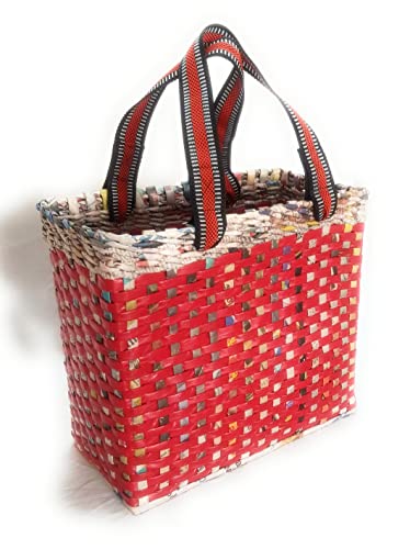 Image of Paperus, MEDIUM, Red Check, Lunch Bag, Picnic Basket, Handbag, Carry Bag, Tiffin Basket for Office, Eco-Friendly, Handmade, of Paper Ropes, 6 inch Wide Base 11 inch Height 12 inch Length, 10 Liters