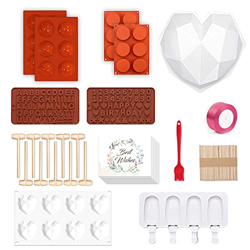 Luvan Heart Silicone Chocolate Mold Set with Breakable Heart Mold,Number and Letter Mold,Wooden Hammer,Chocolate Bomb Mold,8 Cavities Heart Mold,Popsicle Mold,Round Cylinder Candy Mold,DIY Baking Tool