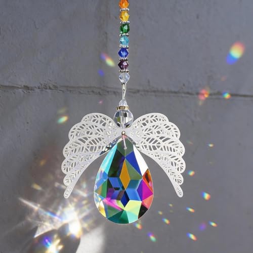HDCRYSTALGIFTS 14'' Haning Crystal Guardian Angel Suncatcher Glass Angel Ornaments for Christmas Tree Rainbow Maker Prisms Sun Catcher for Window Home Decor (AB Color)