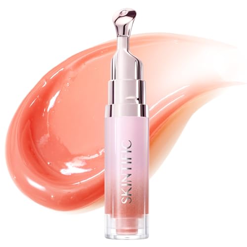 SKINTIFIC Peptide Brightening Lip Serum, Hydrating & Plumping Tinted Lip Gloss, Moisturizing Lip Balm with Polypeptides & Squalane for Glossy Sheer, Smooth Lips(05 Peach Rose)
