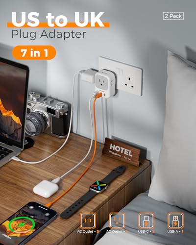 US to UK Plug Adapter 2 Pack, TESSAN Type G Adapter for Travel with 4 Outlets 3 USB (2 USB-C), Power Adaptor for US to UK Ireland London Scotland Kenya Dubai Singapore Hong Kong3
