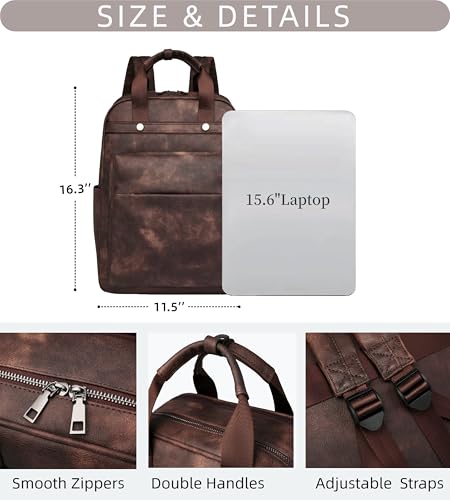 Leather Laptop Backpack for Women 15.6 Inch Work Travel Backpack Fashion College Business Computer Bag (Coffee)3