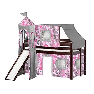 JACKPOT! Princess Low Loft Bed with Slide, Pink Camo Tent and Tower, Twin, Cherry JACKPOT Princess Low Loft Bed with Slide Pink Camo Tent and Tower Twin Cherry