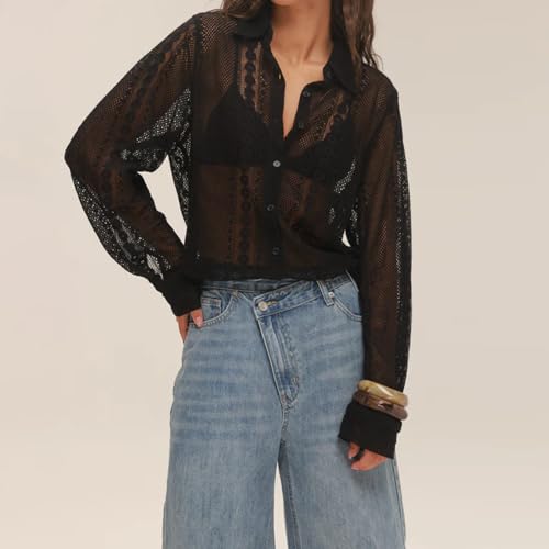 Women's Lace Long Sleeve Top Dressy Casual Embroidery Y2K Hollow Out Sheer Mesh Button Up Shirt Blouse
