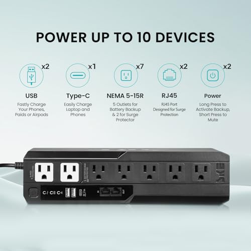 SKE VL425 425VA/240W UPS Battery Backup and Surge Protector - Uninterruptible Power Supply with AVR, 7 Outlets, USB and Type-C Charging, RJ45 Port for Computer, Router, Modem, and Home Office Devices