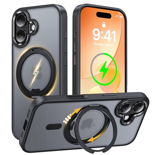 iPhone 17 用 ケース Magsafe対応 【カチカチ固定できる360°回転スタンド】 マグネット ワイヤレス充電 アイフォン17 スマホケース リング 車載ホルダー 縦横多角度 対応 Uovon いphone17 カバー マット 半透明 アイホン17 携帯ケース 金属ボタン 黄変防止 米軍MIL規格 ・ ブラックの商品画像（Amazon）