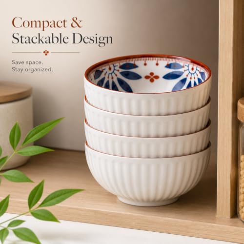 Image of Japanese Ceramic Bowl Set of 6 | 300ML Ribbed Soup & Rice Bowls with Hand-Painted Blue Patterns | Porcelain Bowls for Ramen, Snacks, Desserts & Everyday Dining (Olive & Ocean)