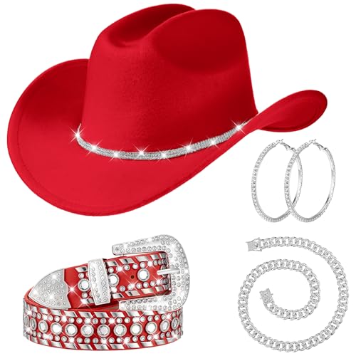 Image of Tisancy 4 Pcs Rhinestone Belt for Men Women Glitter Cowboy Hat Diamond Chain Earring Outfit for Party Supplies