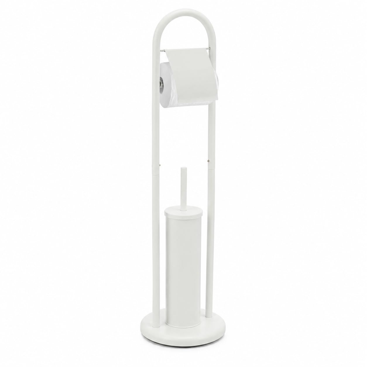 Porta Rotolo con Scopino WC da Terra in Acciaio Inox, Porta Carta Igienica Bagno Moderno Salvaspazio (Bianco)