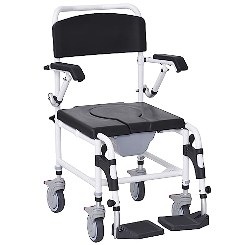 HOMCOM Accessibility Commode Wheelchair, Rolling Shower Wheelchair with 4 Castor Wheels, Rectangle Detachable Bucket, & Waterproof Design, 17