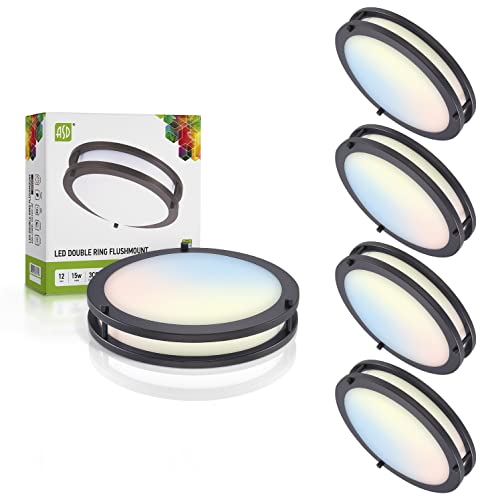 Asd Led Close To Ceiling Flush Mount Light Fixture | Frosted Round Double Ring Lighting Lamp | 12 Inch 15W 120V 1100Lm 3000K/4000K/5000K Adjustable | Dimmable, Energy Star, Etl | Dark Bronze, 4 Pack #TOP16