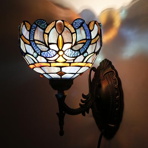 Image of Tiffany Wall Sconce Lamp Stained Glass 8X10.5X11 Inch Plug in Wall Bedside Light for Hallway Bedroom (Blue Purple Cloudy Style)