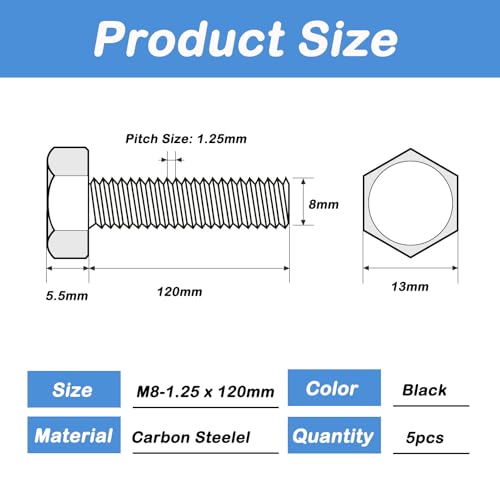 Image of 5 PCS M8x1.25 Hex Bolts M8-1.25 x 120mm Hex Head Screw Bolts,Carbon Steel Grade 8.8, M8 Hexagon Head Bolts, Metric Thread, Black Oxide Finish, Full Thread