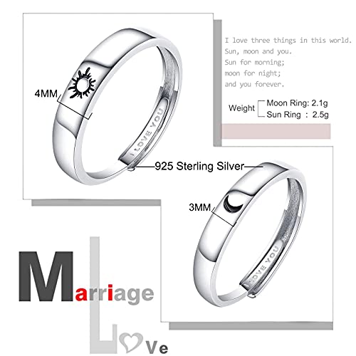 Image of Beydodo 925 Silver Rings Custom Adjustable Sun and Moon Matching Rings Engraved I Love You Couples Rings Wedding