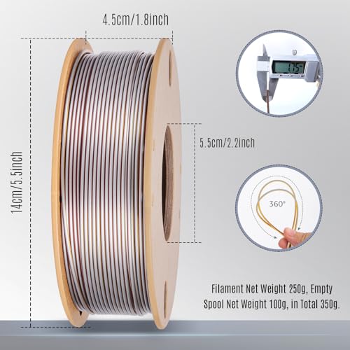 Image of Silk Tricolor PLA+ 3D Printer Filament 1.75mm No Tangle, Neatly Wound Filament Net Weight 250g Spool, PLA Pro Plus, Gold & Silver & Copper