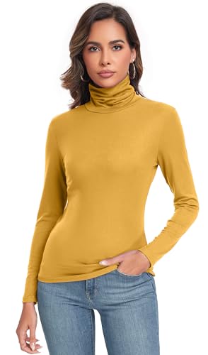 Women's Long Sleeve Casual Lightweight Turtleneck Top Slim Fit Thermal Active Layer Shirts Mustard X-Large