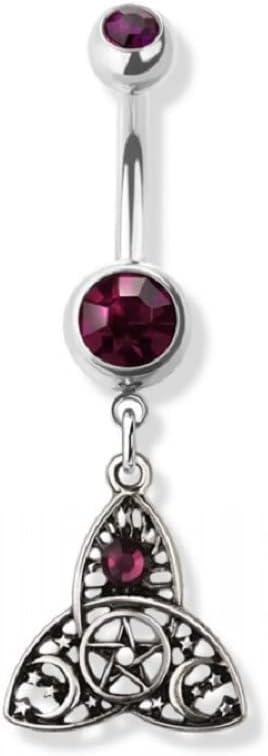 Pierced Owl 14GA 316L Stainless Steel Purple CZ Crystal Trinity Symbol Dangling Belly Button Ring