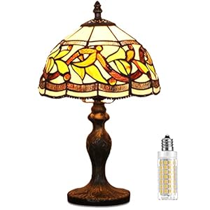 MIAOKE Stained Glass Lamp, lámpara de barroca, coloreado pantalla de vidrio, lámpara de mesa retro vintage, lámpara de noche, estudio, oficina-(Hojas Flor)