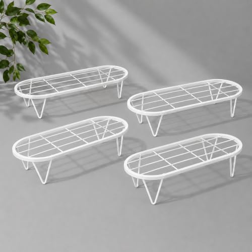 Image of BonKaso Heavy Duty Stadium Plant Stand: 60.9X 22.5 x 12.7 cm, White - Set of 4, Modern Design for Indoor & Outdoor Use, Sturdy, Anti-Rust Planter Stand for Garden, Balcony, Patio
