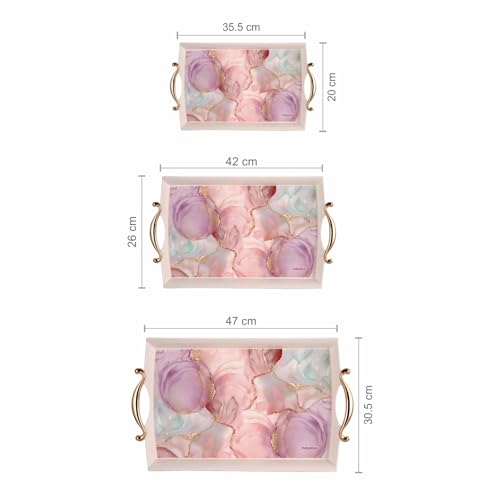 Image of Nayasa Regency Plastic Serving Tray Set of 3 (Small, Medium, Big) | Kitchen Tray for Serving Tea, Coffee, Snacks | Multi Purpose Serveware | Pink