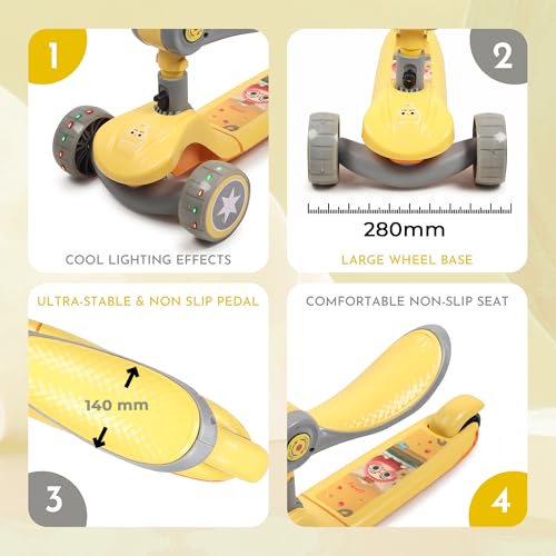 Image of Foldable 3 Wheel Kids Scooter with Seat | 4-Level Adjustable Handlebar | PU LED Wheels | Light & Music | 2 in 1 Skate Cycle Scooter for Boys & Girls 3-10 Years (KS-113 Yellow /Grey)