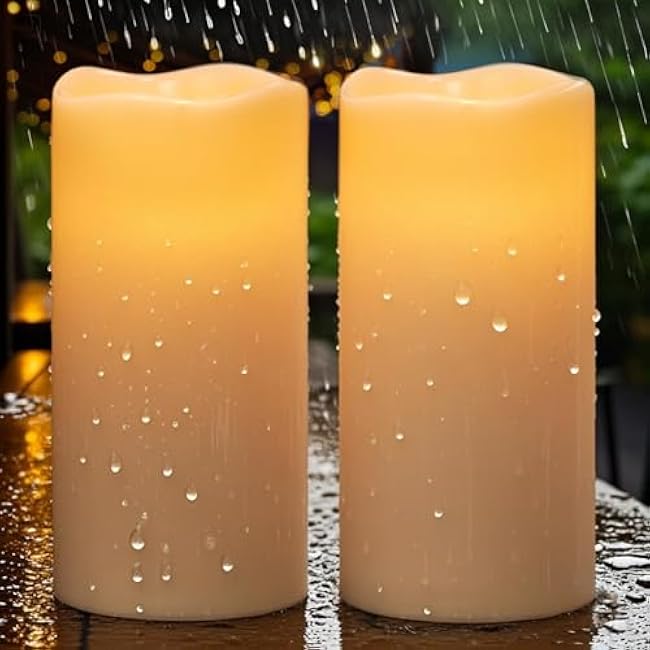 Eldnacele Solar Flameless Flickering Candles Outdoor Waterproof, Solar Powered Dusk to Dawn Plastic LED Pillar Candles Garden Camping Lanterns Wedding Holiday Decor (2Pcs,4 D¡Á8 H)