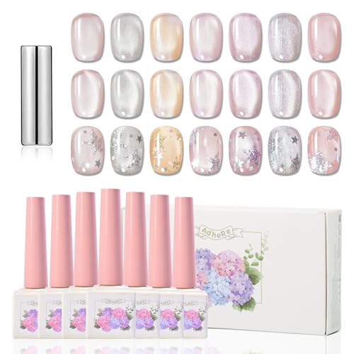 ADHERE 12ml 7個の半透明キャット アイ ジェル セット 磁気スティック付き, ジェルネイルセットホログラフィック グリッター キャットアイ ジェルポリッシュ ネイルワニス、 ネイルサロンDIYネイルデザイン用の商品画像（Amazon）